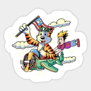 Calvin and Hobbes ride a rocket Sticker